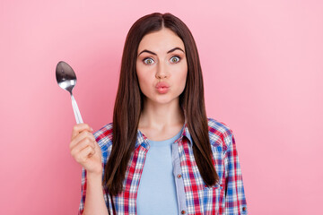 Portrait of positive funny lady pout lips can't wait to ear yummy dessert addicted to sweets...