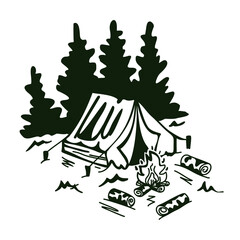 Illustration on the theme of tourism in the woods with a tent, camping with pine trees and a campfire. Illustration in one color. Logo, print.