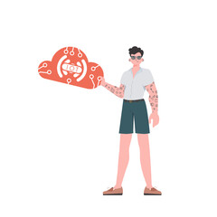 A man is holding an IoT icon in his hands. IOT and automation concept. Isolated. Vector illustration in flat style.