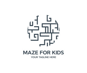 Round maze, Circle labyrinth, Maze for kids logo design.  Line maze game vector design and illustration.
