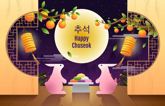 Happy Chuseok, Mid autumn festival, rabbits , Fantasy Background