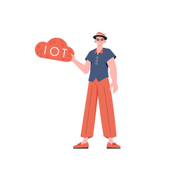 The guy holds the IoT logo in his hands. Internet of things concept. Isolated. Vector.