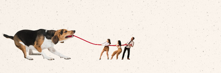 Contemporary art collage. Creative design with dog and employees pulling the rope. Well-coordinated teamwork