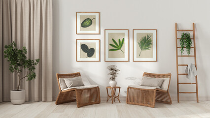 Modern living room in white tones. Rattan armchairs with pillows, curtains, wooden ladder and potted plants. Frame and parquet floor, front view. Vintage interior design