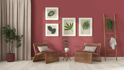 Modern living room in white and red tones. Rattan armchairs with pillows, curtains, wooden ladder and potted plants. Frame and parquet floor, front view. Vintage interior design