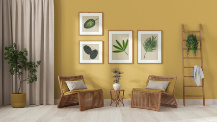 Modern living room in white and yellow tones. Rattan armchairs with pillows, curtains, wooden ladder and potted plants. Frame and parquet floor, front view. Vintage interior design