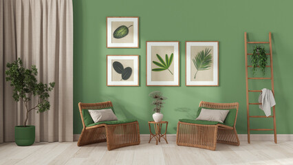 Modern living room in white and green tones. Rattan armchairs with pillows, curtains, wooden ladder and potted plants. Frame and parquet floor, front view. Vintage interior design