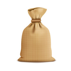 Full burlap sack with rope, for products. Vector icon.
