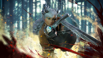 A beautiful warrior girl in armor and a crown holds a sharp long sword in her hands. A magical yellow mist hovers in the air against the background of the forest. blood splashes into the air. 2d art