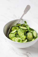 Fresh cucumber salad with cilantro and oil in white bowl.