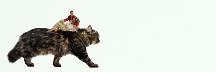 Contemporary art collage. Creative design. Young loving couple in stylish retro outfit moving on giant cat. Flyer image.