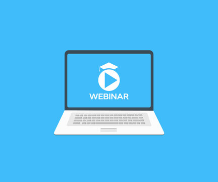 Online webinar on laptop screen,  seminar logo design. Live webinar button , Laptop with Webinar E-business Browsing Connection and cloud online technology webcast concept, business concept vector.