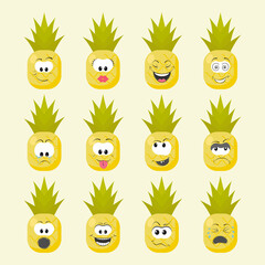 pineapple with emotions with kawaii eyes. Flat design vector illustration of pineapple with emotions 
on white background.