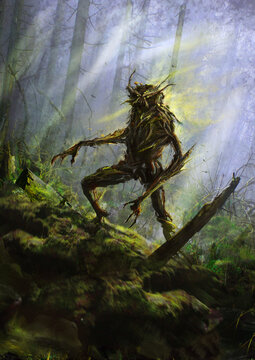 a magical monster made of wood and plants, standing in the forest thicket in the rays of sunlight. his body is covered with moss and mushrooms, and a poisonous mist oozes out of him. 2d art