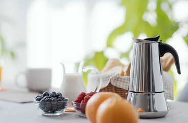 Delicious breakfast at home with fresh fruit