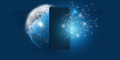 Dark Cloud Computing and Networks Concept with Mobile Device, Glowing Nodes and Earth Globe - Global Digital Connections, Future Networking Technology Background, Creative Design Template for Web