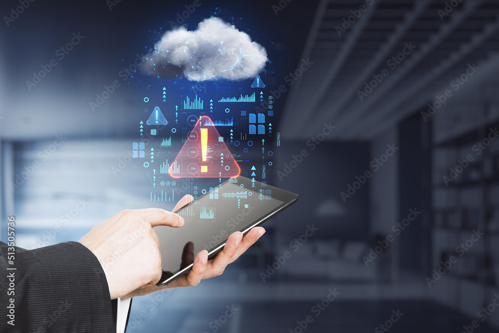 Poster System or network error concept with man hand using modern smartphone and abstract digital data cloud network interface with exclamation point