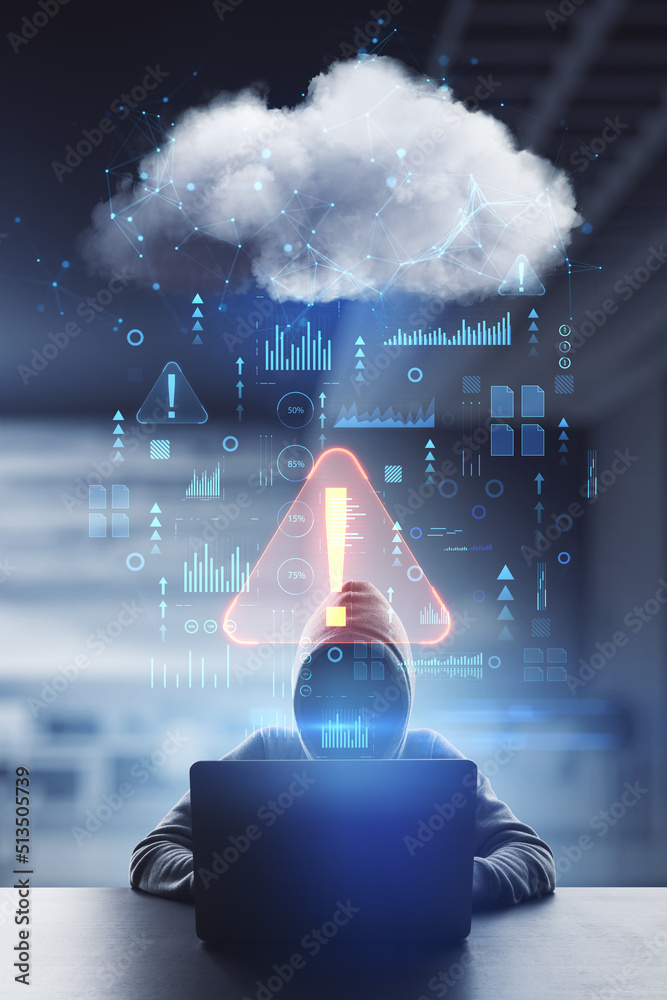 Poster Cyber attack and hacking concept with front view on faceless hacker in hoody typing on laptop and abstract digital data cloud network interface with exclamation point, double exposure
