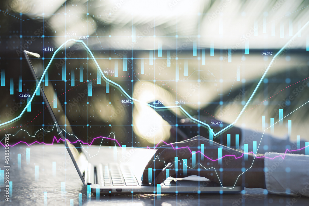 Aufkleber close up of hands using laptop and smartphone at desktop with abstract glowing forex graph on blurry
