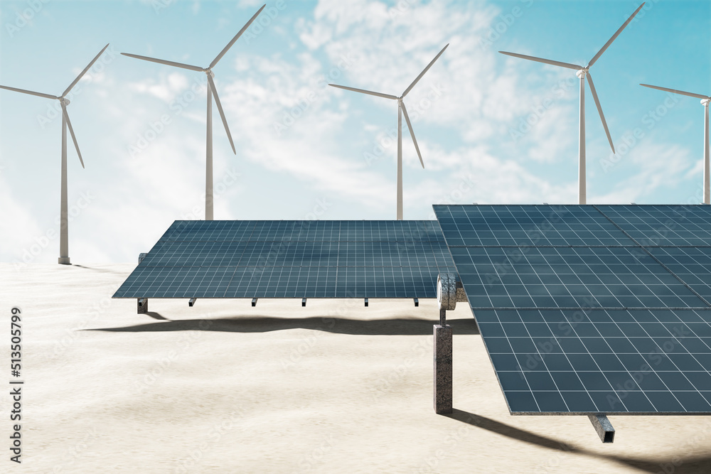 Poster green energy and alternative source of electricity concept with sunlit solar panels on sand on windm