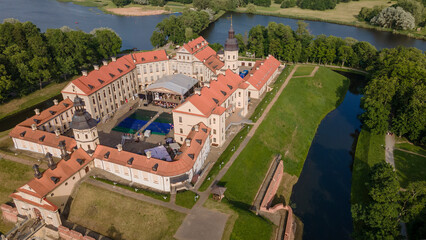 Aerial view of Nesvizh Castle, Belarus. Medieval castle and palace. Restored medieval fortress. Heritage concepts.