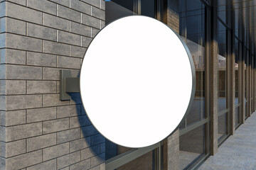 Close up of blank white urban round stopper on brick building exterior. Pub or restaurant concept. Mock up, 3D Rendering.