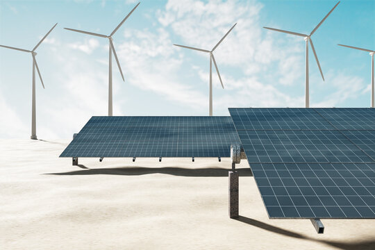 Green energy and alternative source of electricity concept with sunlit solar panels on sand on windmills background. 3D rendering