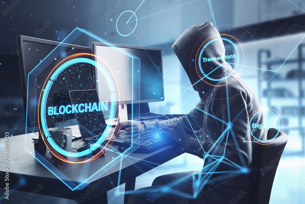 Aufkleber hacker in hoodie using computers on desktop with creative polygonal blockchain hologram on blurry interior background. Technology, hacking, data theft, malware and fintech concept. Double exposure.