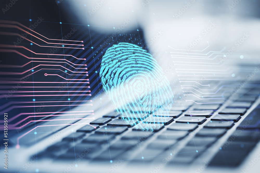 Poster close up of laptop with glowing fingerprint hologram on blurry background. id and biometrics concept