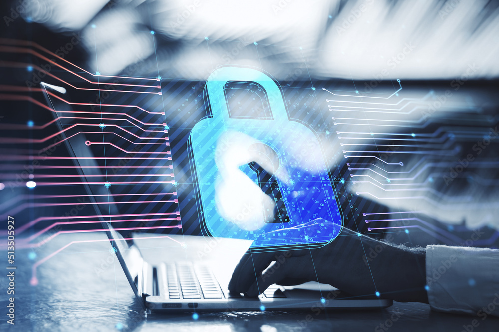 Poster close up of hands using laptop keyboard with glowing padlock hologram and lines on blurry outdoor ba