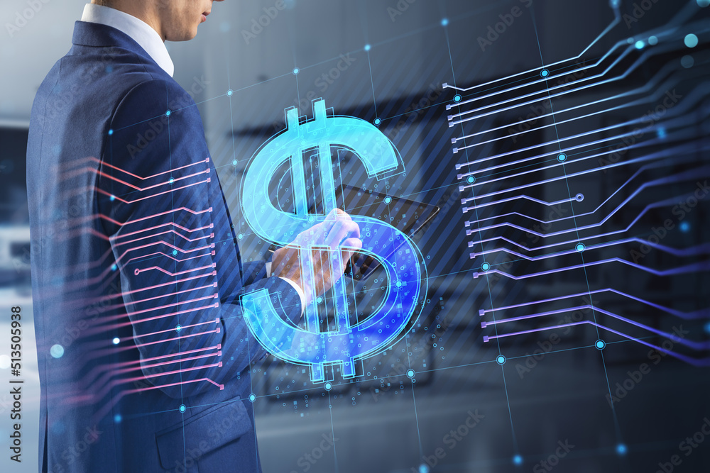 Poster close up of businessman hands using tablet with glowing euro hologram and lines on blurry office int