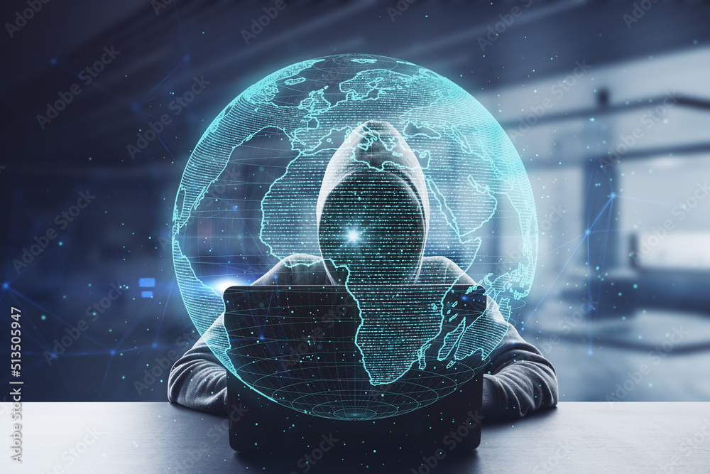 Aufkleber hacker at desktop using laptop with creative glowing polygonal grid planet on blurry office interior