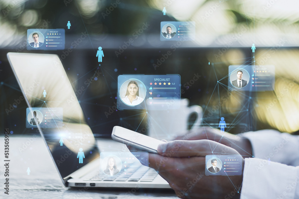Poster online recruitment application and one day specialist search service concept with virtual cards with