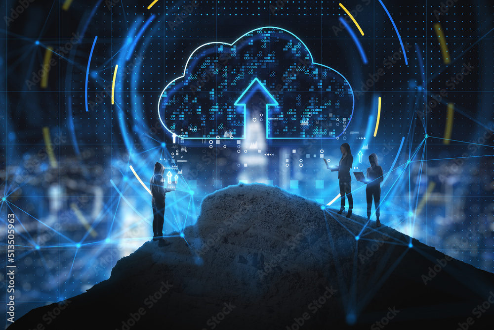 Leinwandbilder abstract people on mountain using laptops with glowing cloud computing hologram on blurry city backg