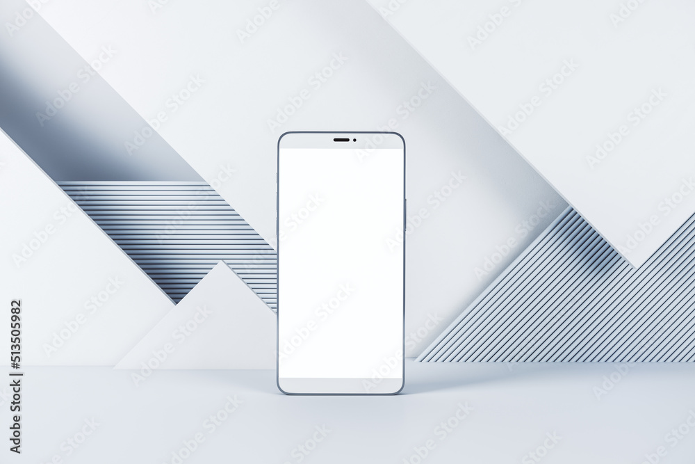 Poster Close up of blank smart phone screen on white geometric wall background. Tech presentation and device concept. Mock up, 3D Rendering.