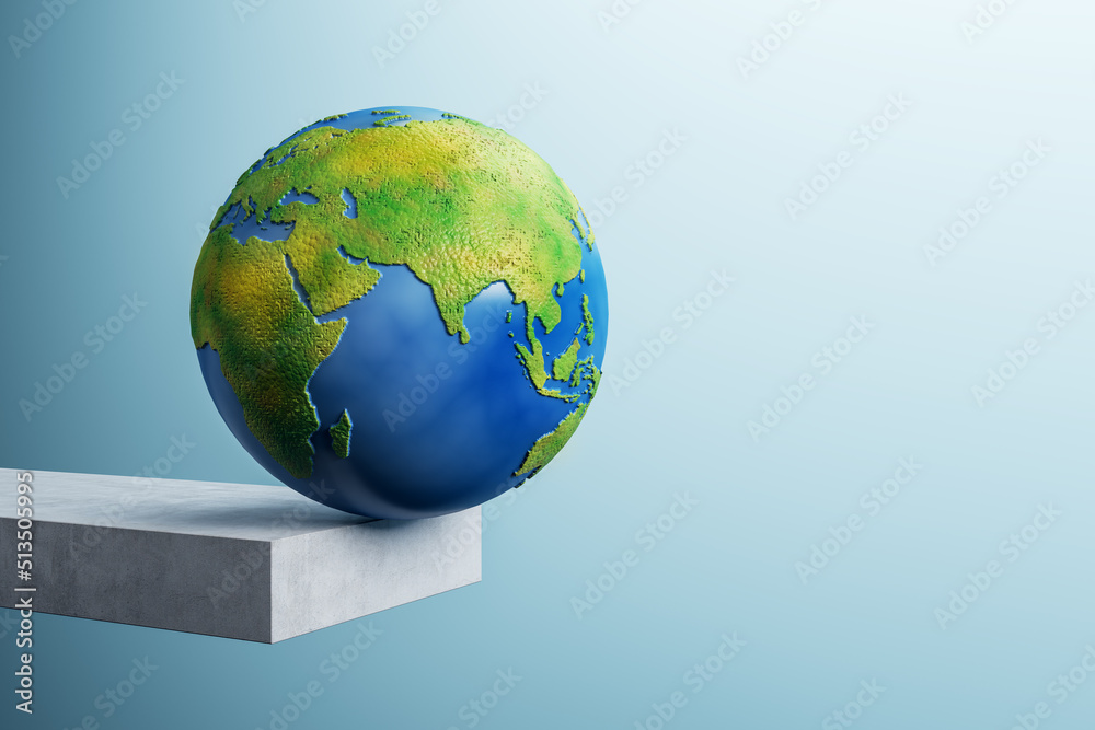 Poster Abstract image of globe on edge of concrete block trampoline and mock up place on blue background. 3D Rendering.