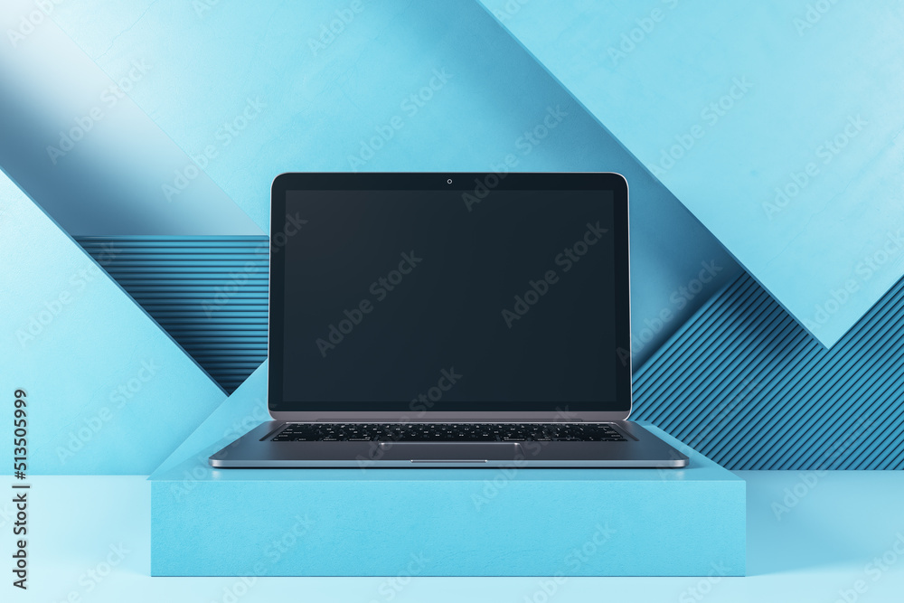 Aufkleber Close up of empty laptop screen on blue geometric wall background. Tech presentation and device concept. Mock up, 3D Rendering.