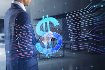 Close up of businessman hands using tablet with glowing euro hologram and lines on blurry office interior background. E-commerce, online banking, cryptocurrency and finance concept. Double exposure.