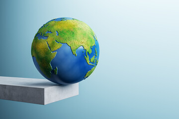 Abstract image of globe on edge of concrete block trampoline and mock up place on blue background. 3D Rendering.