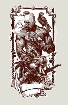 Graphic detailed ukrainian cossack warrior with hawk smoking pipe and holding sword. Vector with frame and trident sign.