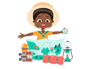 Happy cute little kid boy  with scout equipment. African American Girl Scout. Vector illustration.