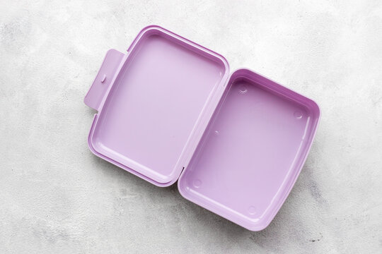Purple lunch box. Empty container for food, top view