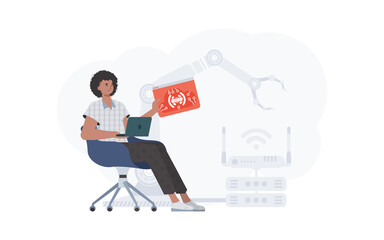 The guy is holding an internet thing icon in his hands. IoT concept. Good for websites and presentations. Trendy flat style. Vector.