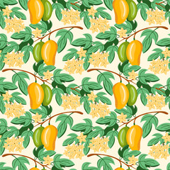 Tropical seamless pattern with yellow mango and flower on the pink background. Fruit repeated background. Vector bright print for fabric brands packaging wallpaper.
