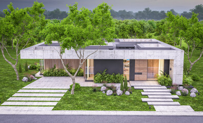 Fototapeta na wymiar 3d rendering of new concrete house in modern style with pool and parking for sale or rent and beautiful landscaping on background. Only one floor. Clear summer evening with cozy light from window