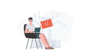 The guy is holding an internet thing icon in his hands. IoT concept. Good for presentations and websites. Vector illustration in trendy flat style.