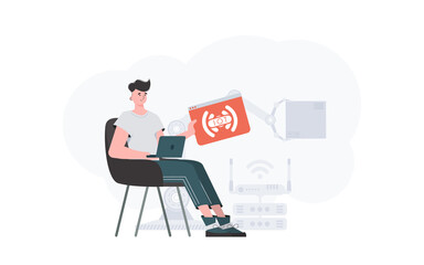 The guy is holding an internet thing icon in his hands. Internet of things concept. Good for websites and presentations. Trendy flat style. Vector.