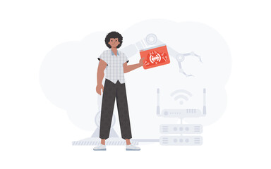 The guy is holding an internet thing icon in his hands. Internet of things concept. Good for presentations and websites. Trendy flat style. Vector.