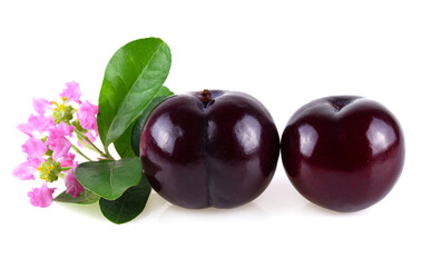 red cherry plum with green leaves and flowers isolated on white background