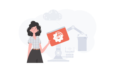 A woman is holding an internet thing icon in her hands. Internet of things concept. Good for websites and presentations. Trendy flat style. Vector.